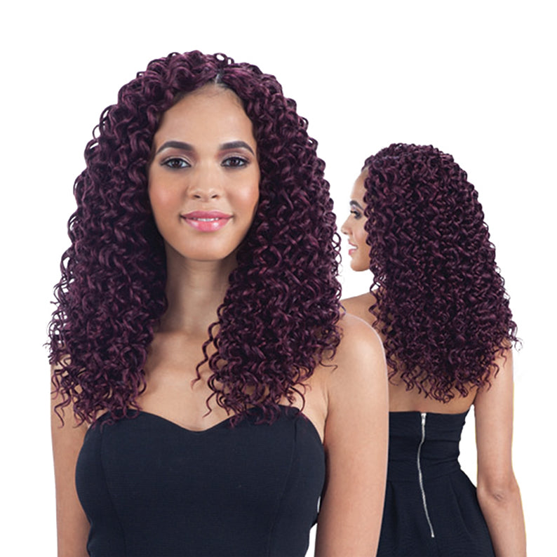 SHAKE N GO Freetress Beach Curl 12 inch braid with deep burgundy tight curls on model