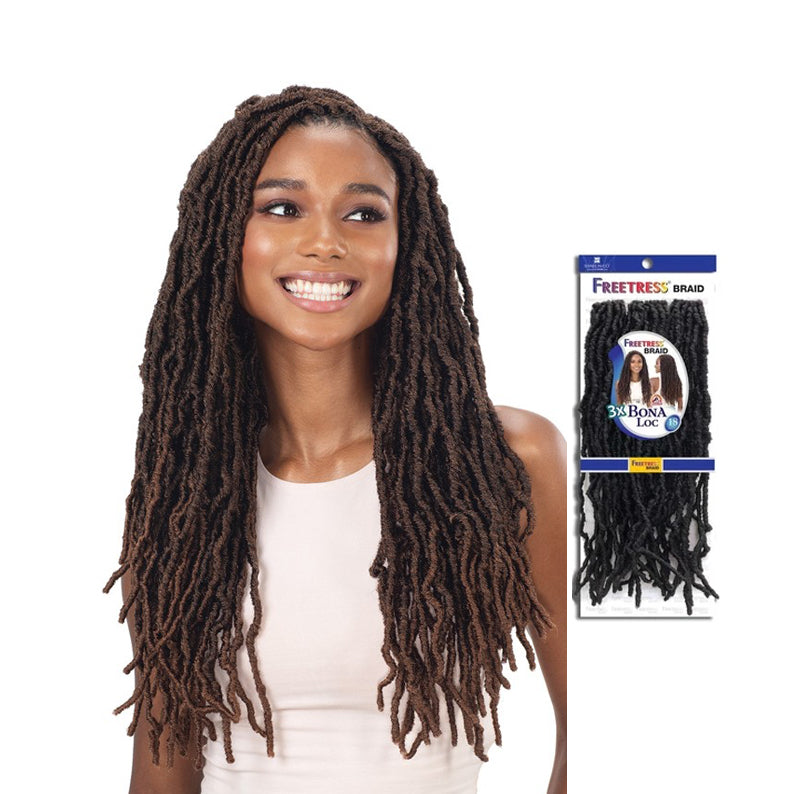 SHAKE N GO Freetress Bona Loc 18 inch braids worn by smiling woman with long textured braids