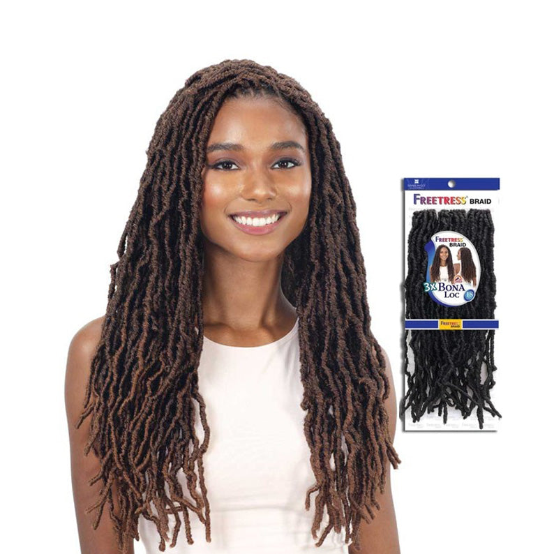 SHAKE N GO Freetress Bona Loc 18 inch braids shown on model with long textured loc hairstyle