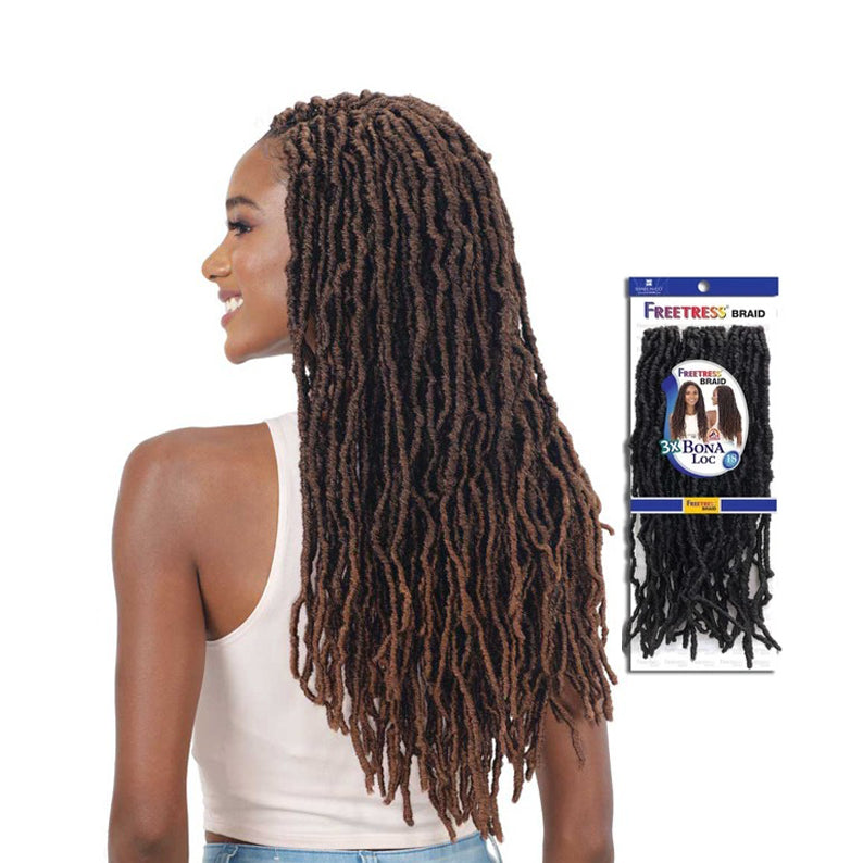 SHAKE N GO Freetress Bona Loc 18 inch braids worn by woman with long brown locs and product packaging