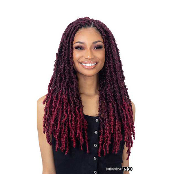 SHAKE N GO butterfly locs hair extensions in dark red color styled on smiling woman with long twists