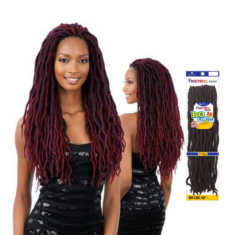 Woman wearing burgundy faux locs with packaging Freetress 2x Bo Loc 18 inch braids by SHAKE N GO