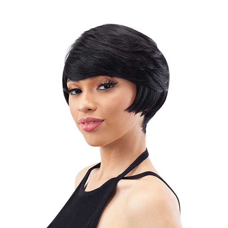 SHAKE N GO Freetress Equal Lite 003 wig short sleek black pixie with side swept bangs for everyday wear