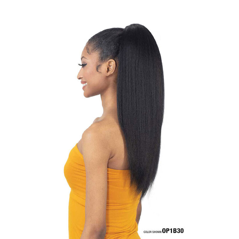 Freetress Equal Natural Me half wig long straight synthetic ponytail in black on model side profile by SHAKE N GO