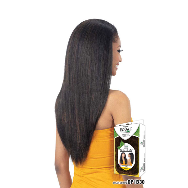 SHAKE N GO model wearing long straight Freetress Equal Natural Me half wig in dark brown with product box shown