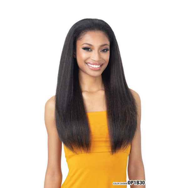 SHAKE N GO Freetress Equal Natural Me half wig long straight textured black brown on smiling model