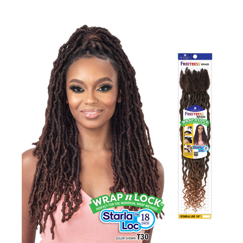 SHAKE N GO model wearing Freetress Starla Loc 18 inch braids. Long brown faux locs with textured tips