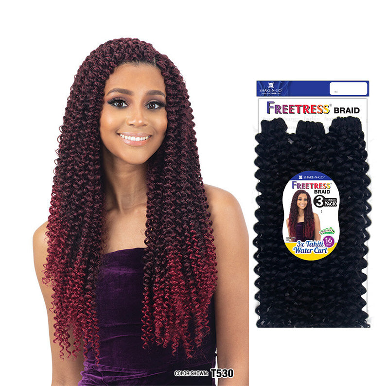 Shake N Go Freetress Tahiti Water Curl braiding hair long burgundy ombre curly braid style with product pack