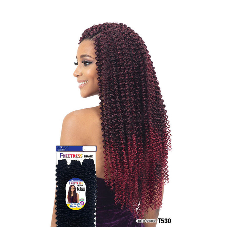SHAKE N GO long burgundy ombre crochet braids with Freetress Tahiti Water Curl braiding hair on model