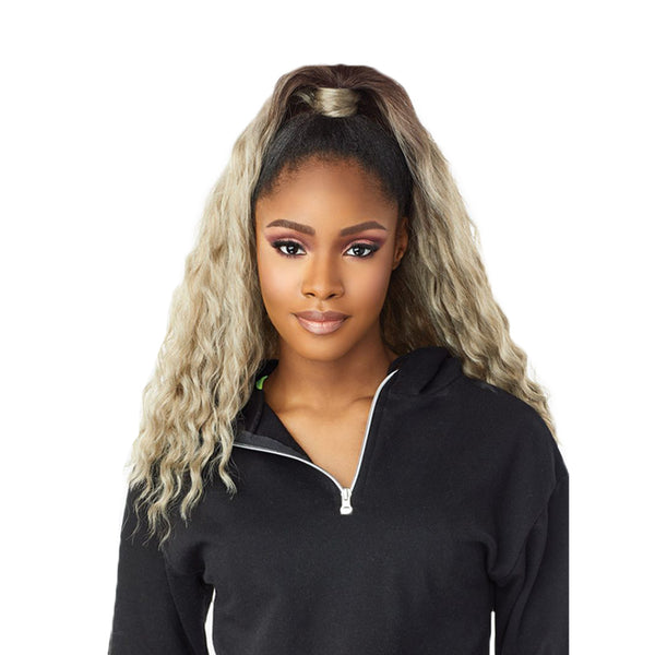 SENSATIONNEL instant up and down ponytail wig wavy ombre blonde on model with high pony