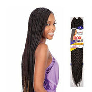 Freetress medium box braid 20 inch in long black style displayed on a model with a vibrant smile