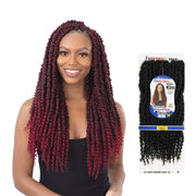 SHAKE N GO Freetress passion twist hair in burgundy ombre worn by woman with long curly braids next to black packaged braids