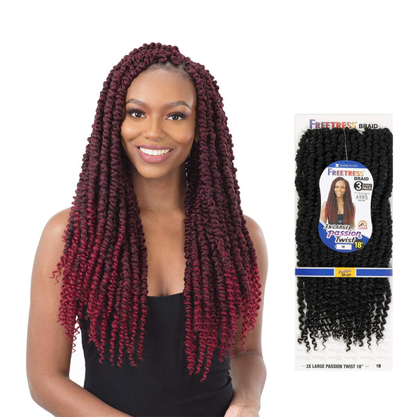 SHAKE N GO Freetress passion twist hair in burgundy ombre worn by woman with long curly braids next to black packaged braids