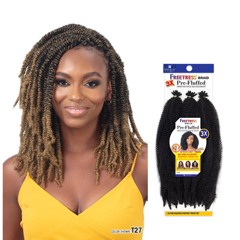 SHAKE N GO pre-fluffed braiding hair pack with model wearing braids in color T27 showcasing pre-fluffed braiding hair