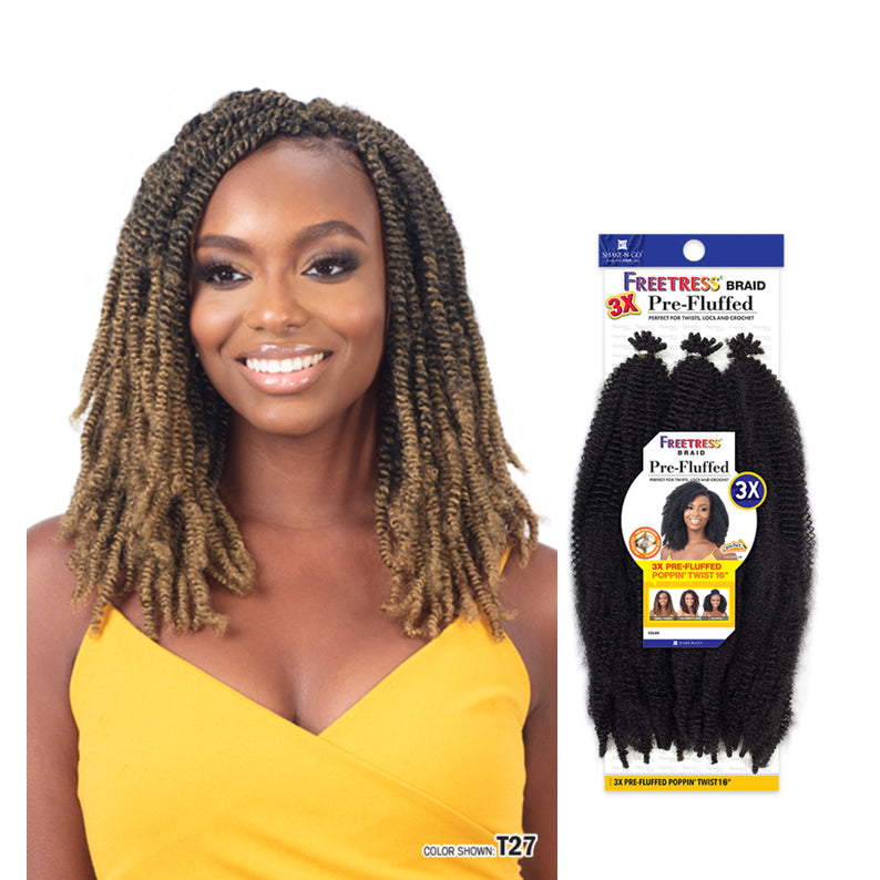 SHAKE N GO Freetress pre-fluffed braiding hair pack with model wearing T27 pre-fluffed braiding hair