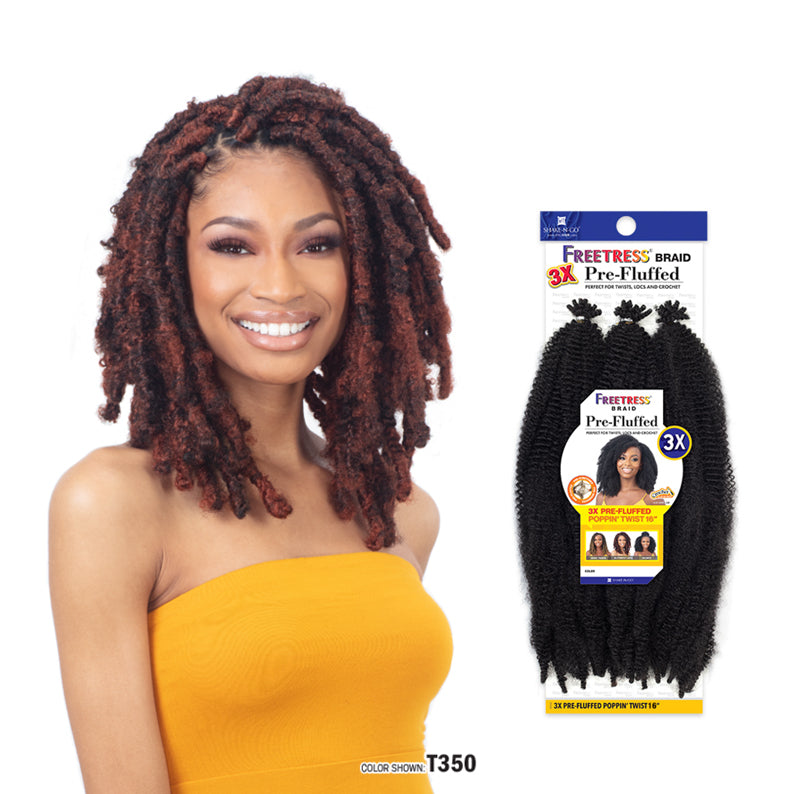 Shake N Go pre-fluffed braiding hair pack with model showcasing styled braids in color T350