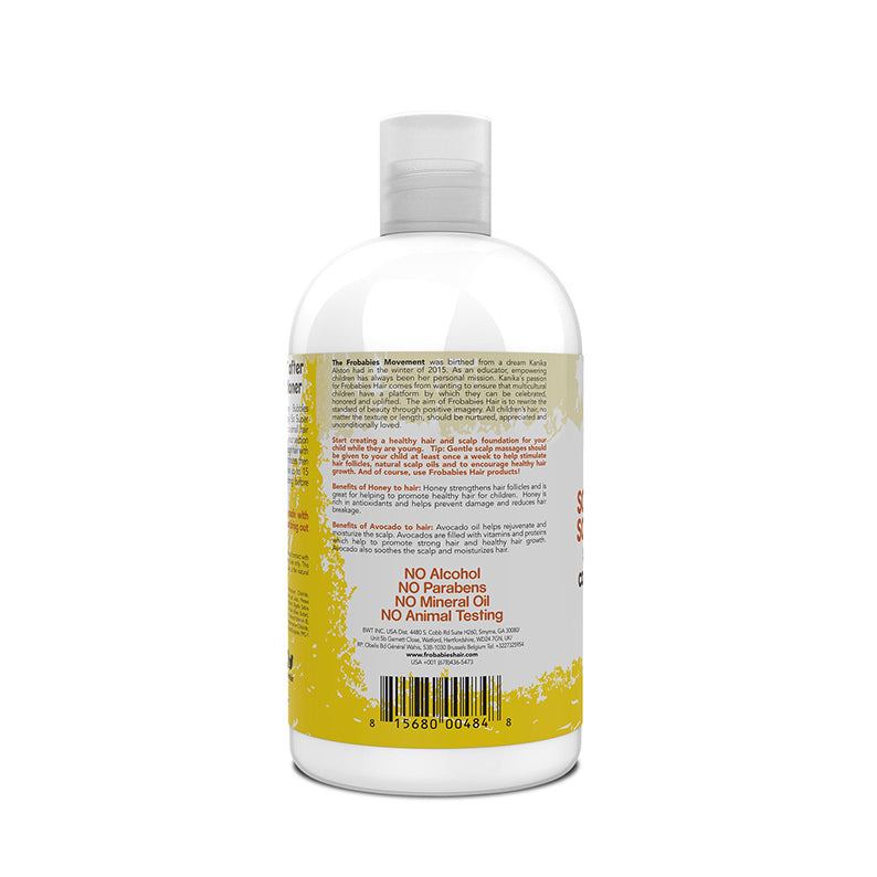 Back view of Frobabies So Super Soft conditioner white bottle with yellow label showing ingredients and no animal testing