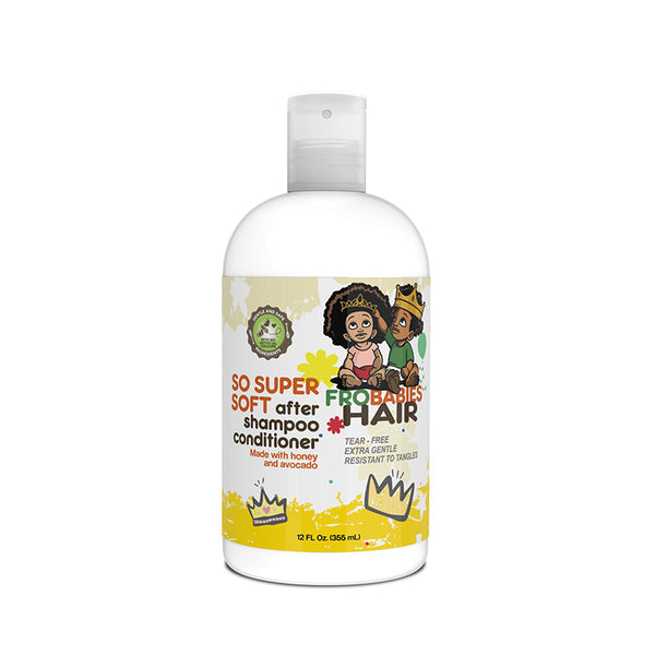 Frobabies So Super Soft conditioner white 12 fl oz bottle with yellow label kids illustration honey avocado for detangling