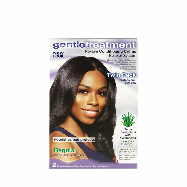 GENTLE TREATMENT no-lye relaxer kit for natural hair twin pack regular conditioning creme box with smiling model