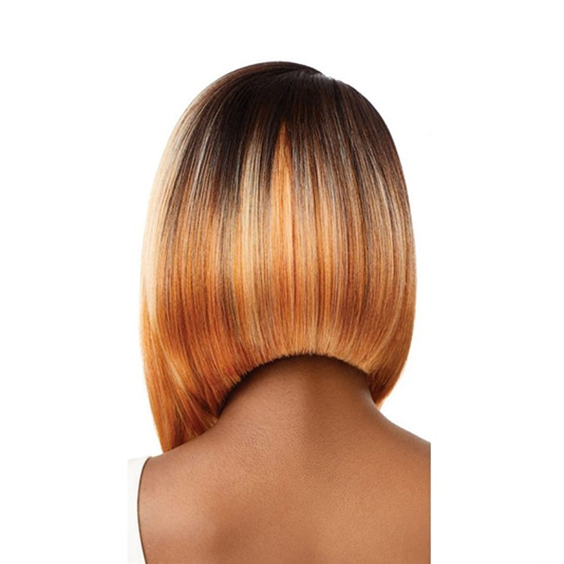 OUTRE back view straight ombre bob with dark roots and copper blonde ends sleek blunt cut melted hairline lace front wig