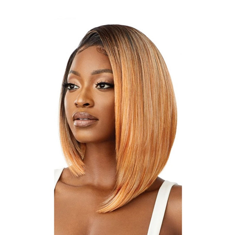 OUTRE melted hairline lace front wig honey blonde angled bob with dark root and sleek side part