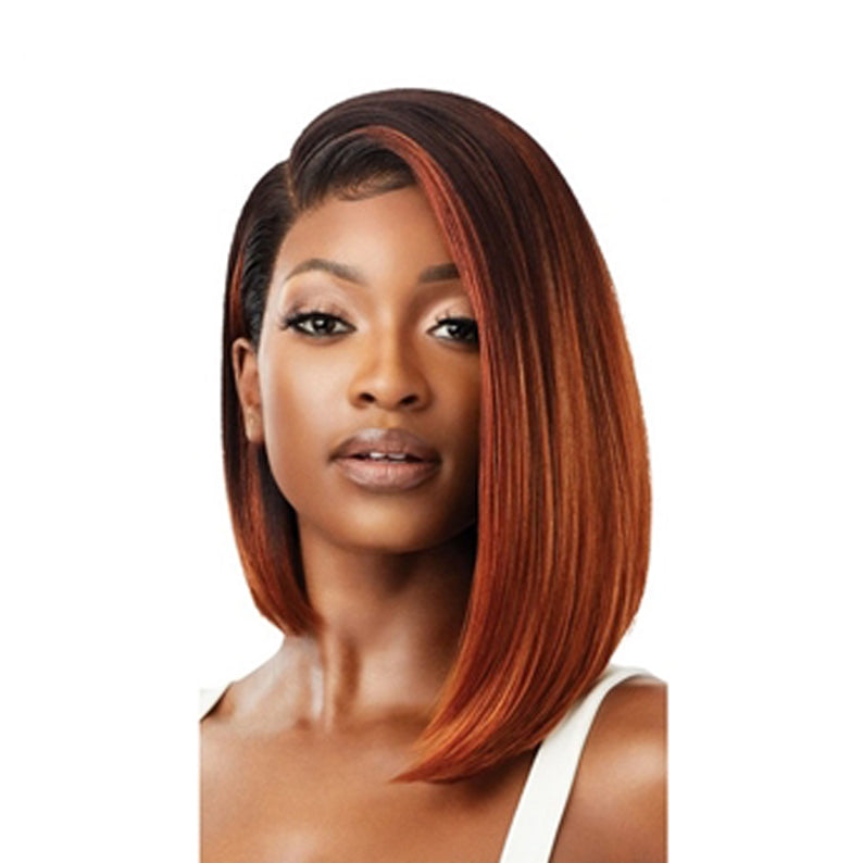 OUTRE melted hairline lace front wig copper auburn asymmetrical bob with dark roots and side part