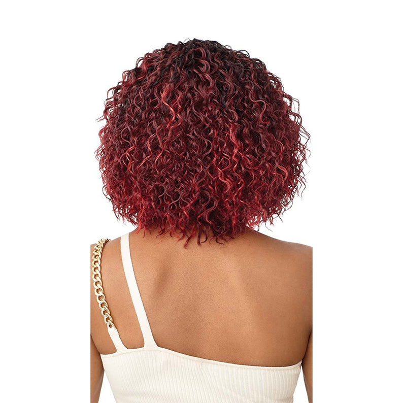 OUTRE 13x4 lace frontal wig synthetic short curly burgundy red bob shown from back on model