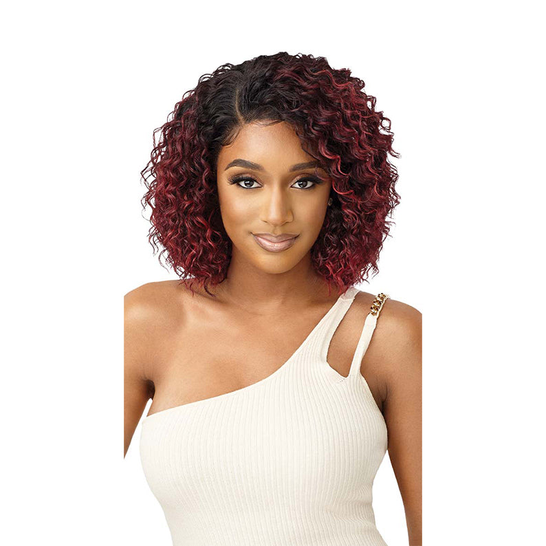 OUTRE 13x4 lace frontal wig synthetic curly bob in black to burgundy ombre worn by model