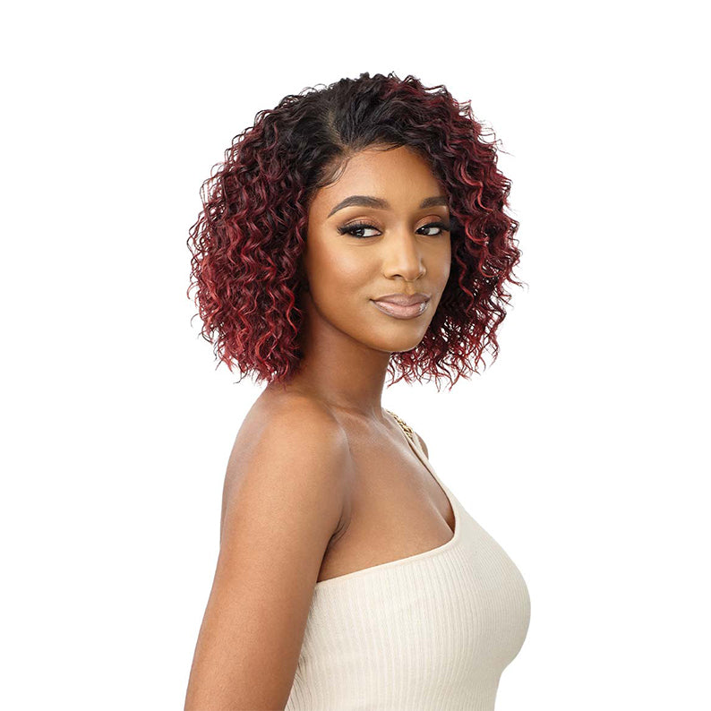 OUTRE 13x4 lace frontal wig synthetic burgundy ombre curly bob with natural dark roots on model