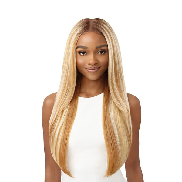 OUTRE 13x6 lace frontal wig long straight honey blonde with platinum highlights center part sleek style