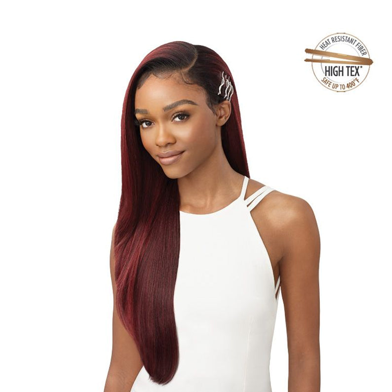 OUTRE 13x6 lace frontal wig straight long burgundy hair side part natural hairline heat resistant fibers