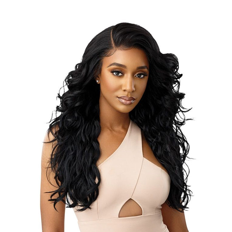 OUTRE 13x6 lace frontal wig long black wavy hair with side part on model for voluminous styling