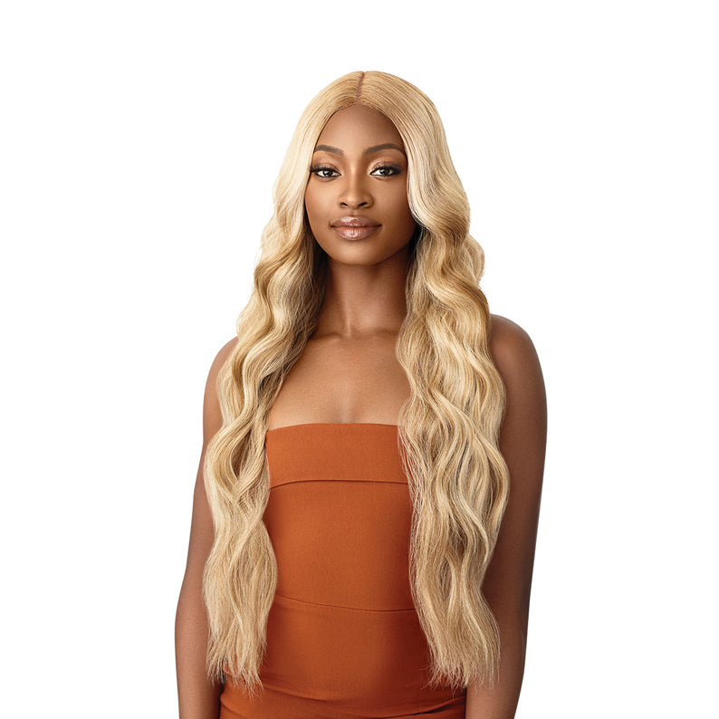 OUTRE 30 inch lace front wig long blonde wavy center part on model for sleek everyday style
