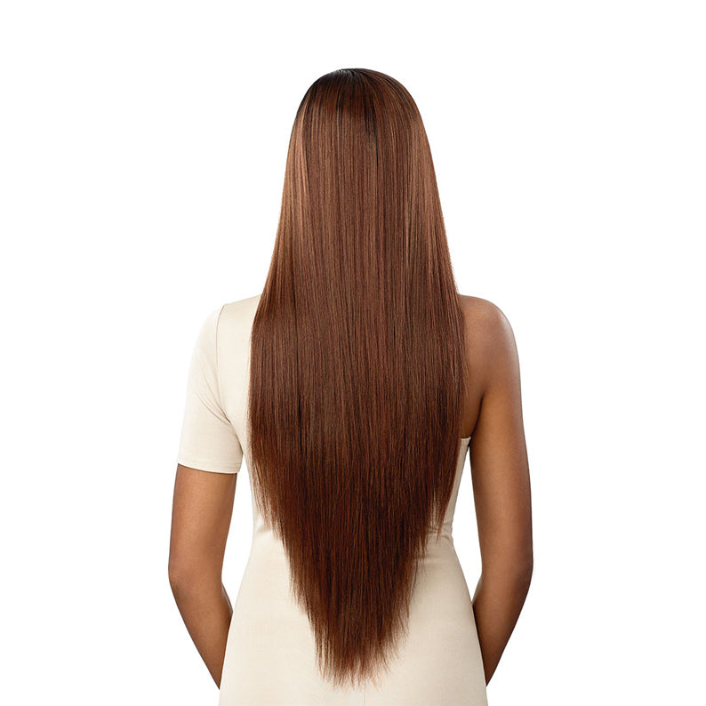 OUTRE 32 inch straight lace wig back view long straight brown hair with natural roots and smooth finish