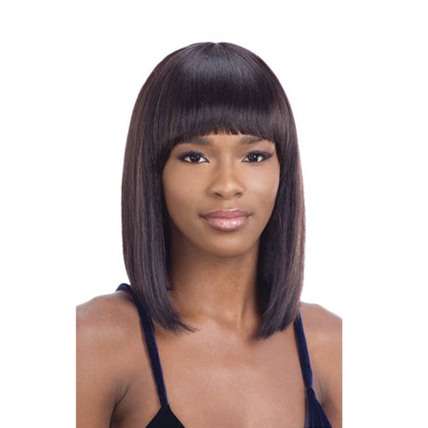 SHAKE N GO Brazilian human hair wig sleek straight shoulder length bob with blunt bangs in dark brown