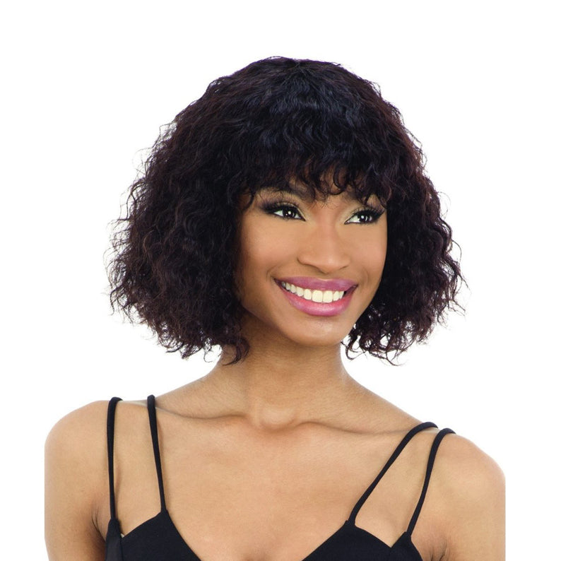 SHAKE N GO Brazilian human hair wig with bangs short curly bob in dark brown on smiling model