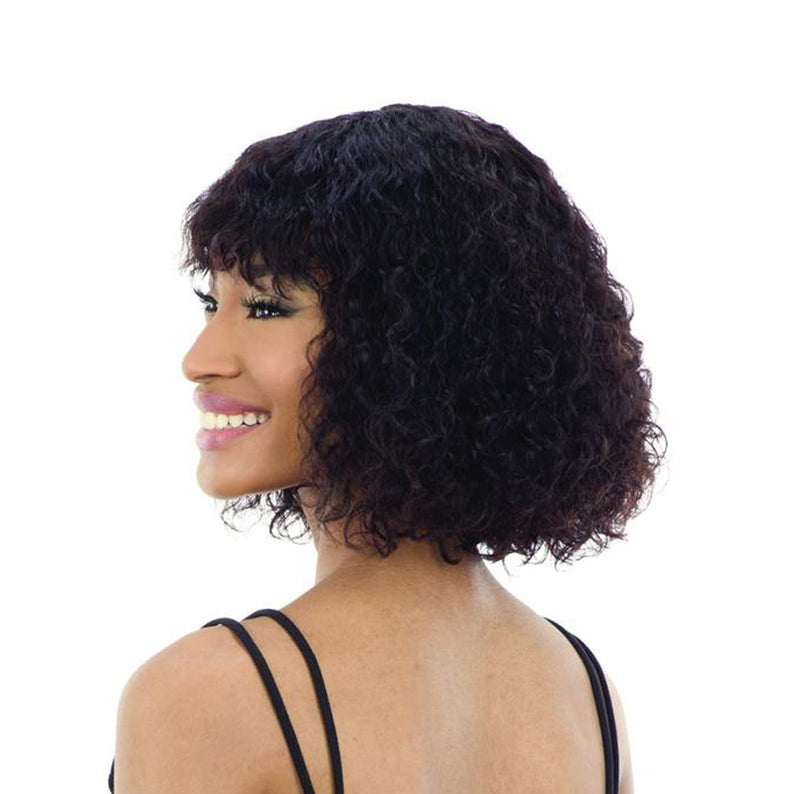 SHAKE N GO Brazilian human hair wig with bangs. Curly short bob in dark brown shown on model