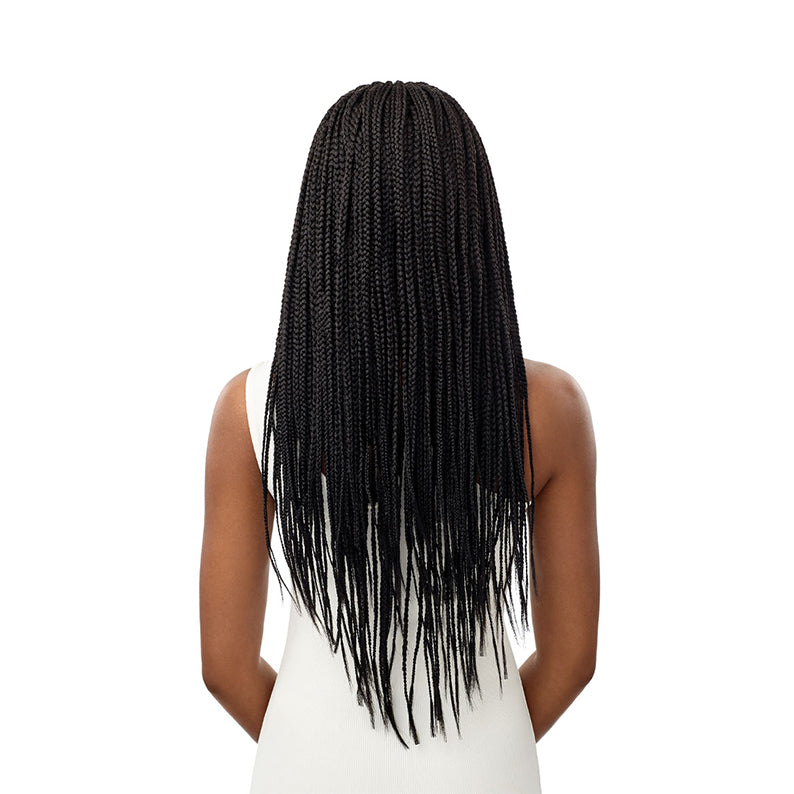 OUTRE lace frontal braided wig long black box braids back view on model for natural protective style
