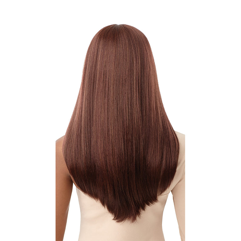 OUTRE Melted hairline lace front wig long straight chestnut brown sleek mid back length back view on mannequin