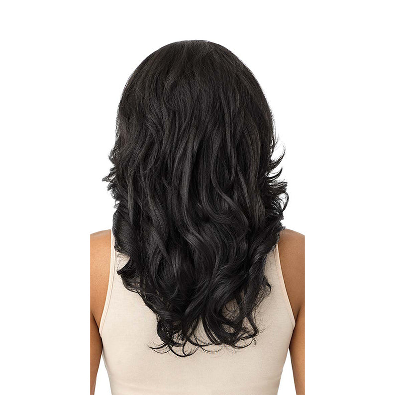 OUTRE quick weave half wig long black layered wavy hair back view on model wearing beige tank top