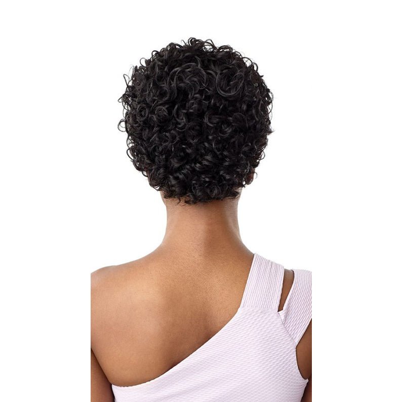 OUTRE 100% human hair curly wig short natural black tightly curled pixie style on model back view