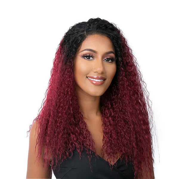 HD lace wig for women burgundy ombre curly long wig on smiling model with natural middle part