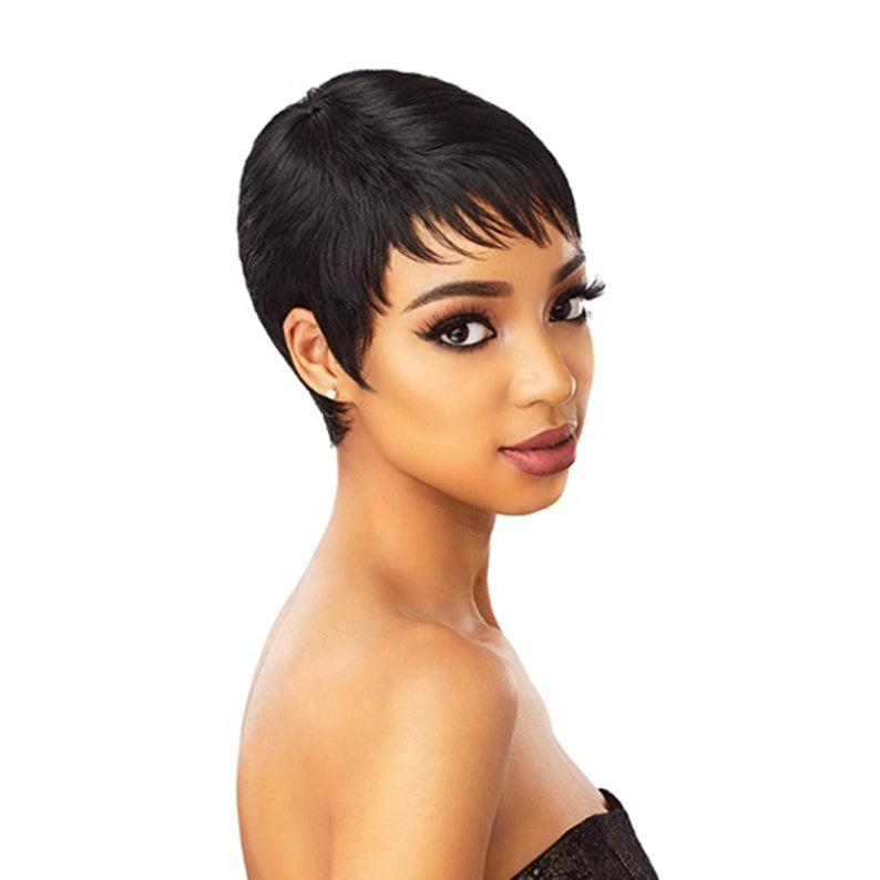 SENSATIONNEL synthetic short full cap wig on model sleek black pixie cut with tapered nape and side bangs