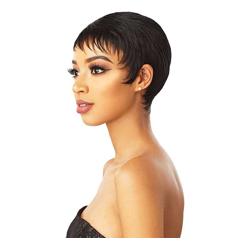 Sensationnel synthetic short full cap wig in black pixie cut on model showing sleek side profile