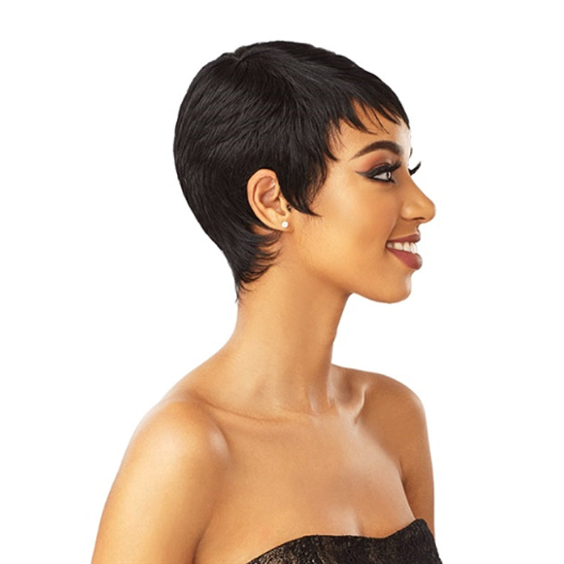 SENSATIONNEL synthetic short full cap wig in jet black on model pixie short style with smooth texture