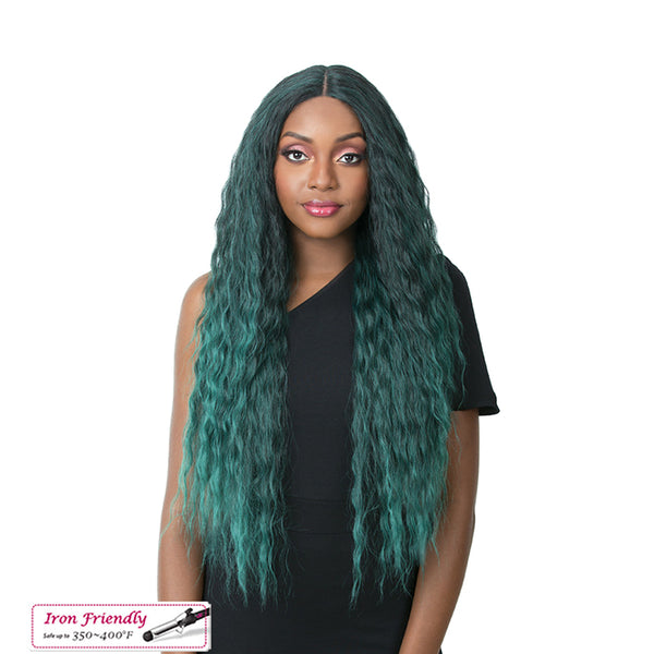 Swiss lace wig long wavy teal green center part extra long beach wave style by ITS A WIG
