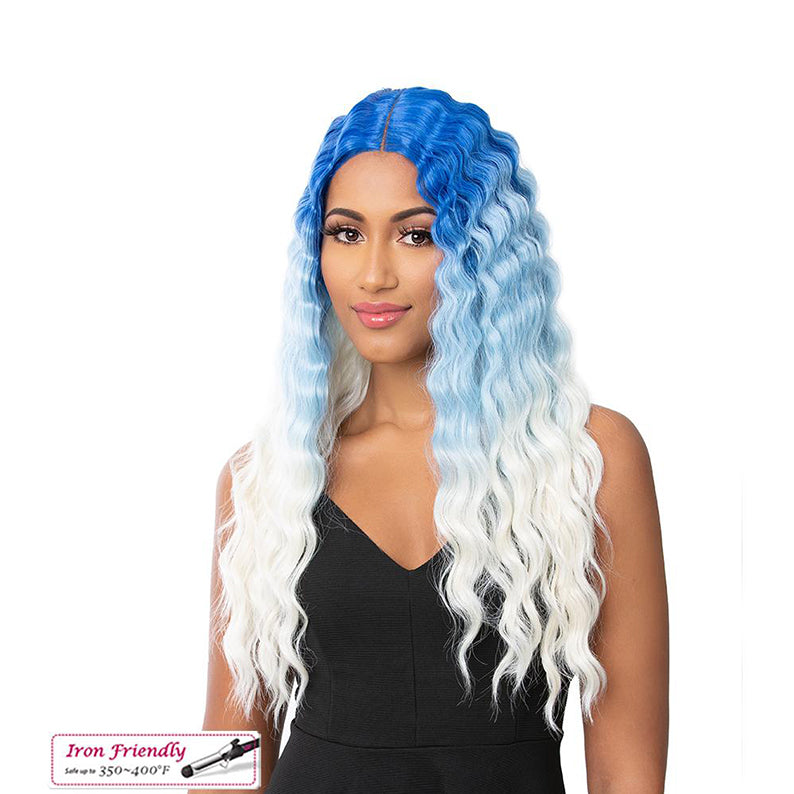 IT'S A WIG blue to white ombre HD lace crimped wig on model with long wavy hair