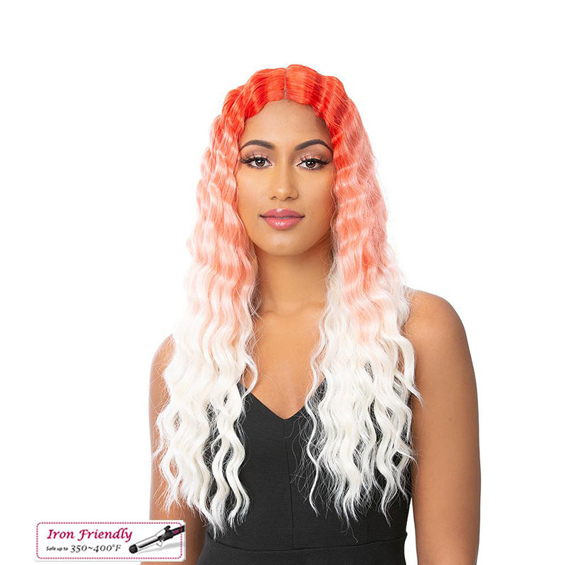 IT'S A WIG HD lace crimped wig with vibrant orange to white ombre waves styled on woman
