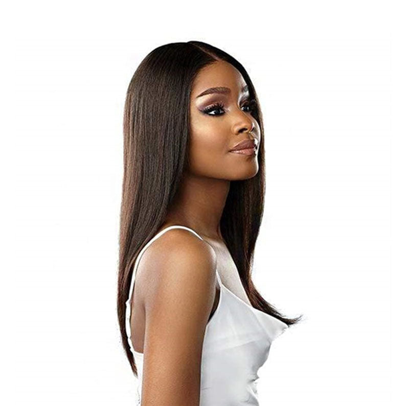 SENSATIONNEL virgin human hair straight wig long sleek middle part dark brown for everyday wear