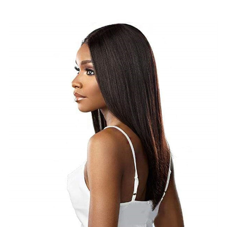 SENSATIONNEL virgin human hair straight wig long sleek dark brown center part on model in white top